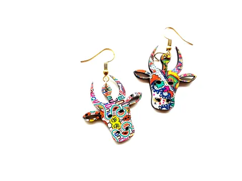 Artwork Wooden Earrings - Quirky bull earrings in The Story of Waves Artwork Artwork Wooden Earrings - Quirky bull earrings in The Story of Waves Artwork
