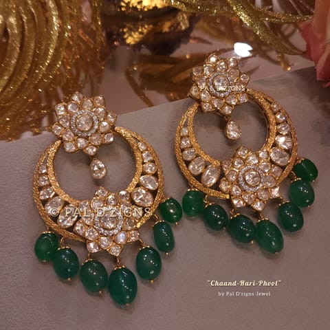Chaand Hari Phool Moissanite Polki Chandbaaliya Chaand Hari Phool Moissanite Polki Chandbaaliya