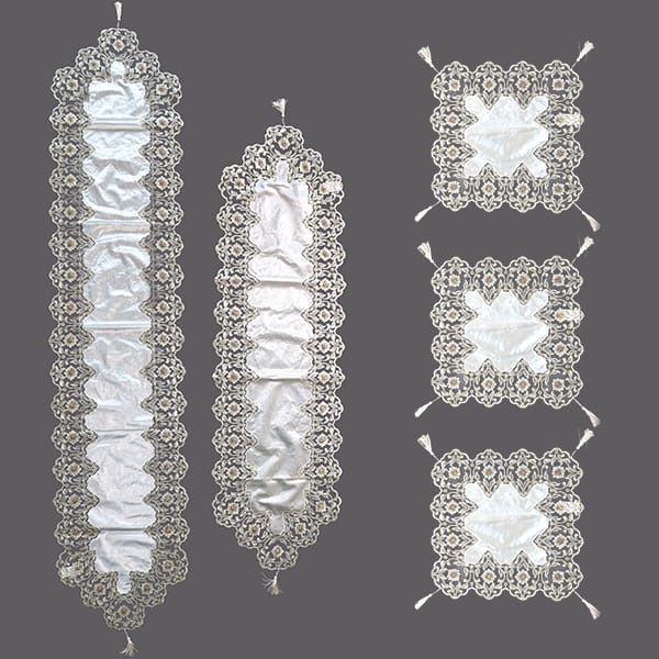 White & Silver Lace Table Runner & Placemat Set 5pc