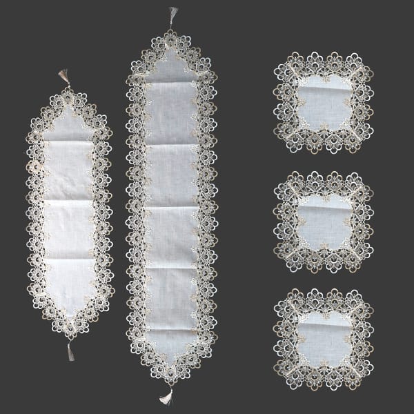 White Linen Lace Table Runner & Placemat Set 5pc