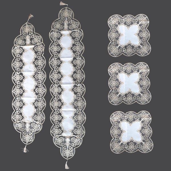 Oriental Lace Table Runner Set White Gold 5pcs