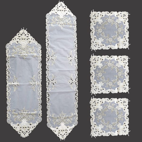 Embroidered Lace Table Runner Set White 5pcs