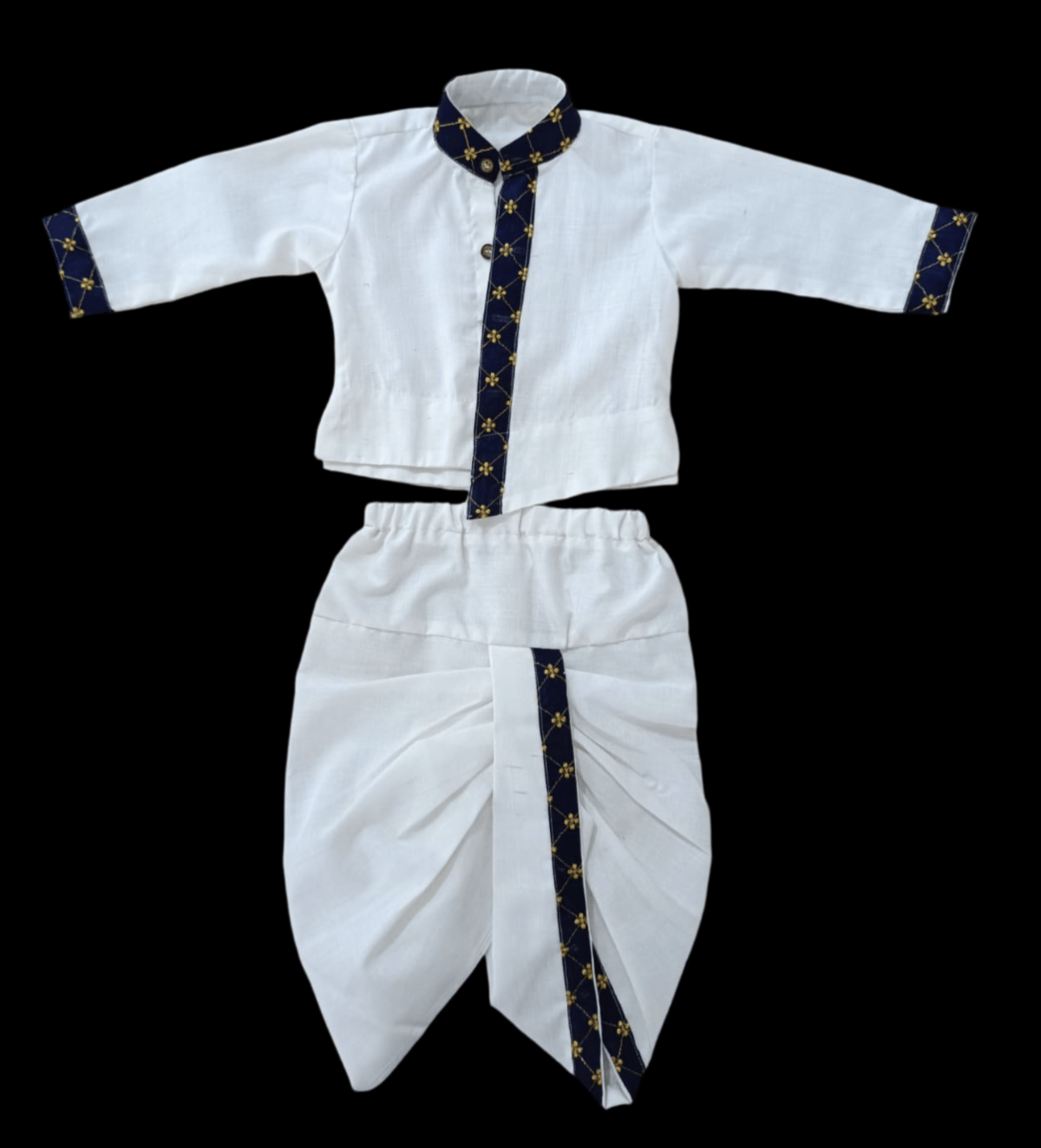 Boys White Dhoti Kurta Set with Blue Embroidery