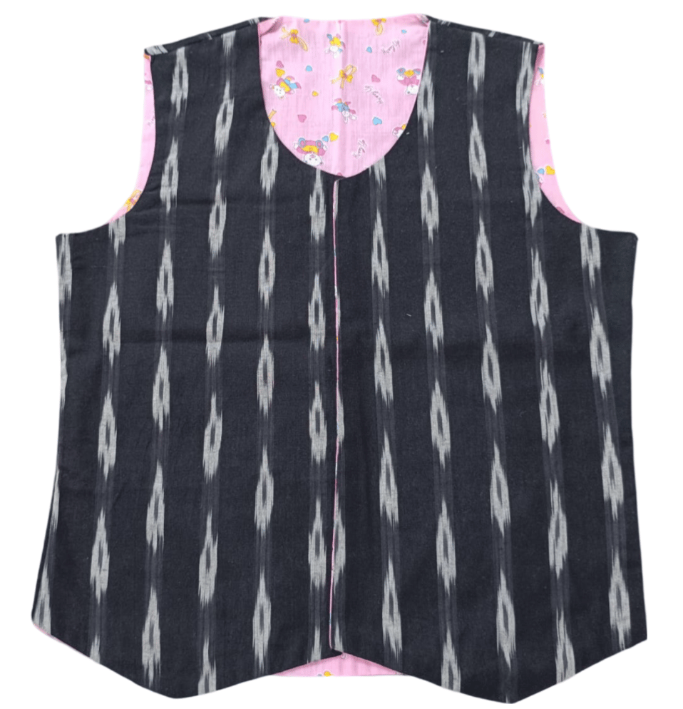 Pink & Black Printed Sleeveless Waistcoat Jacket