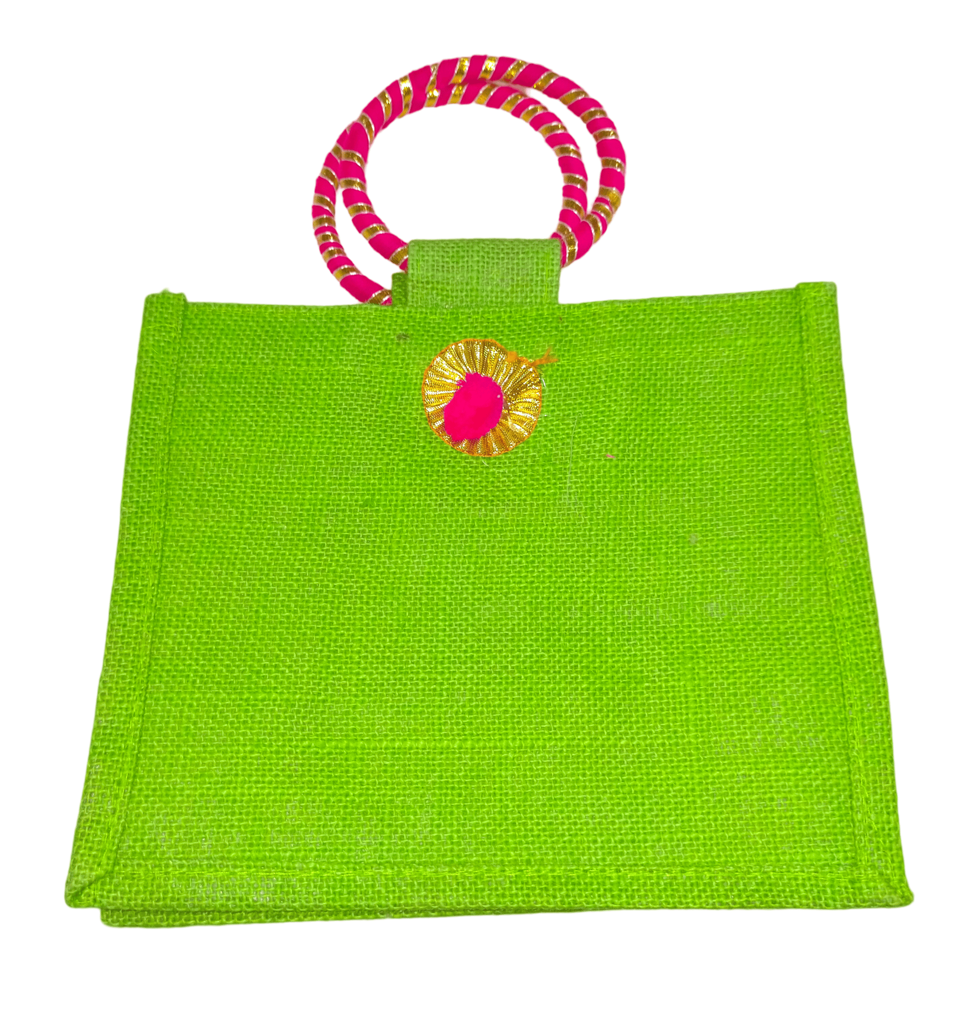 Small Green Jute Bag with Pink Handle