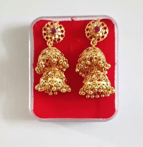 Stunning Gold Plated Traditional Indian 2 Step Jhumka Earrings with Ruby Stones for Women