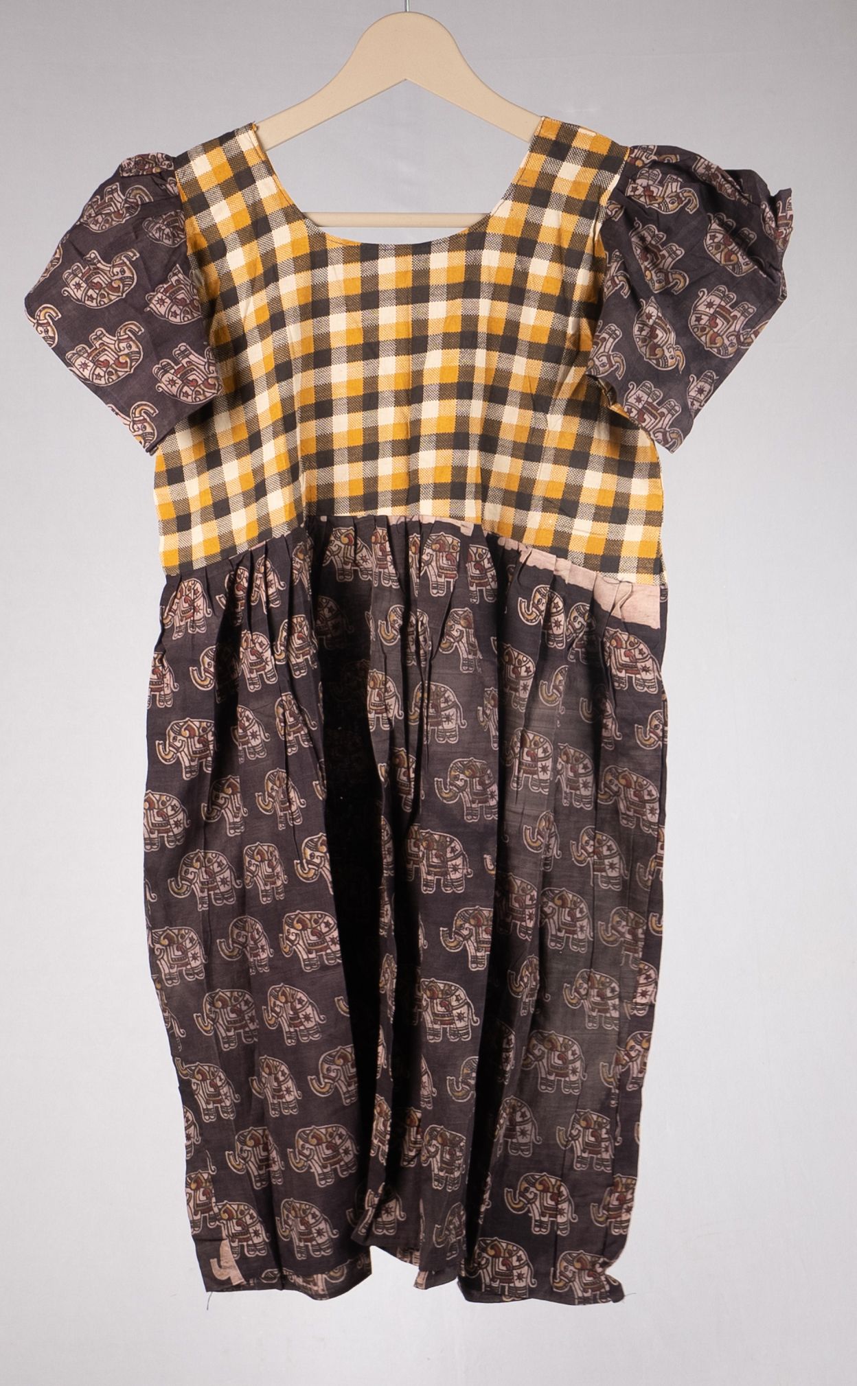 Handmade Girls Cotton Dress with Elephant Print and Puffed Sleeves