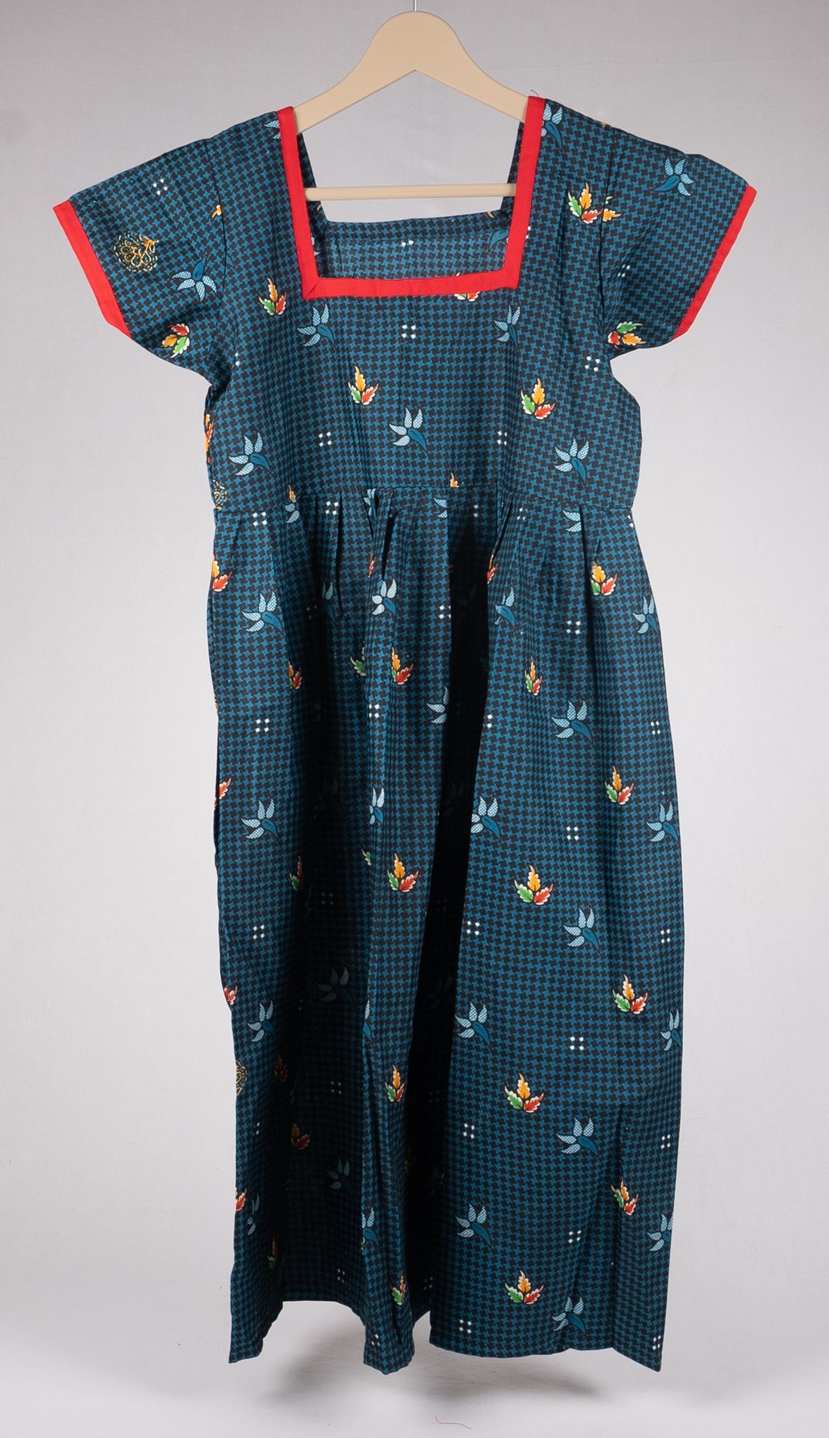 Women's Blue Floral Print Cotton Maxi Dress with Square Neck and Short Sleeves