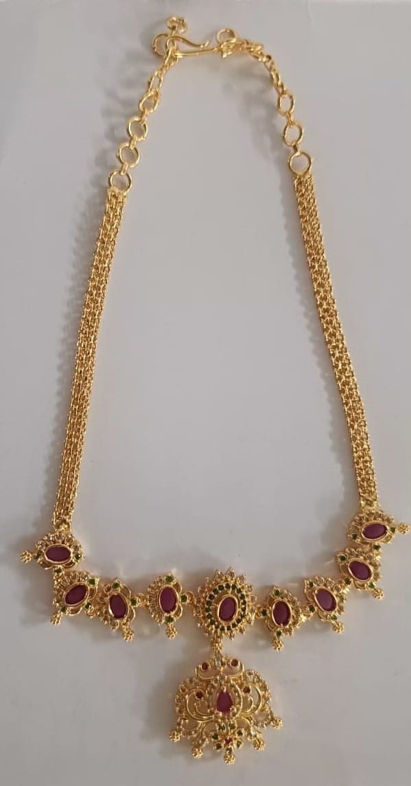 Gold Plated Traditional Indian Necklace Set with Ruby Stones and Pearl Drops for Women