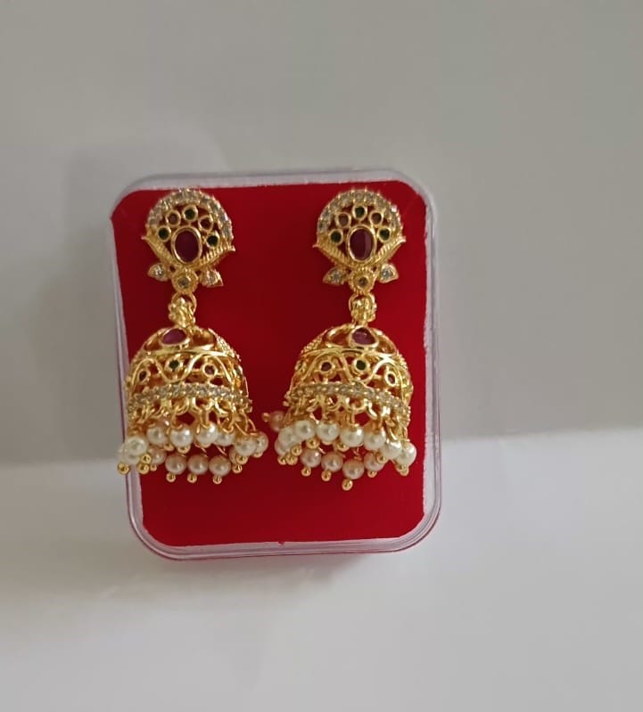 Gold Plated Pearl and Stone Jhumka Earrings