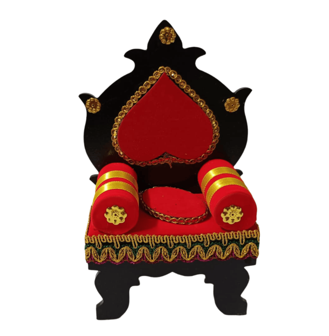 Wooden Throne with Red Velvet Cushion and Gold Accents