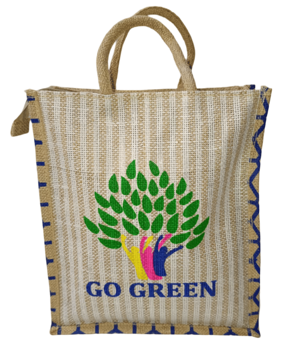 Jute Bag with Go Green Print Blue Colour (Medium)