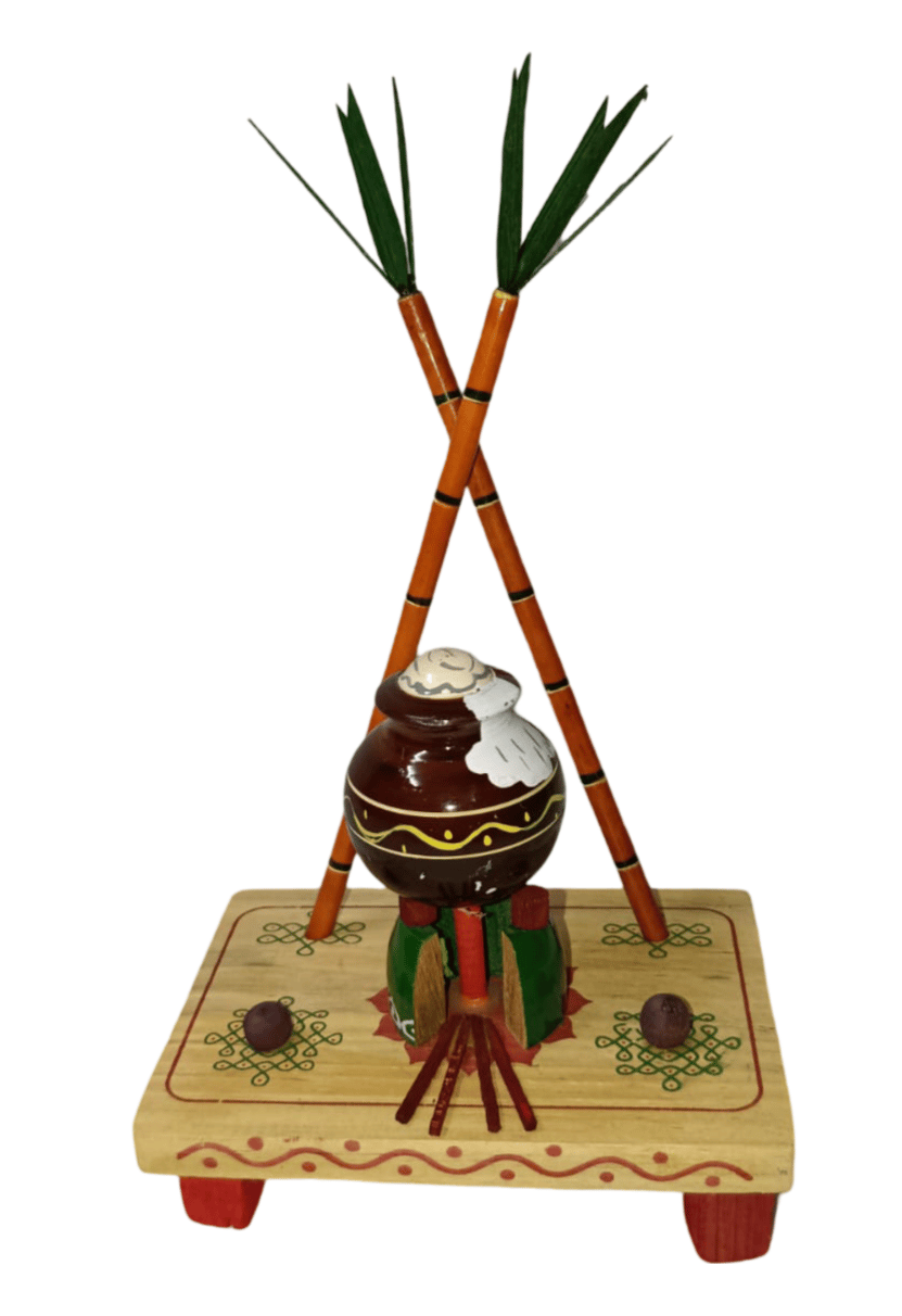 Wooden Pongal Pot Stand for Home Decor - Traditional South Indian Festival Pongal Decoration Item