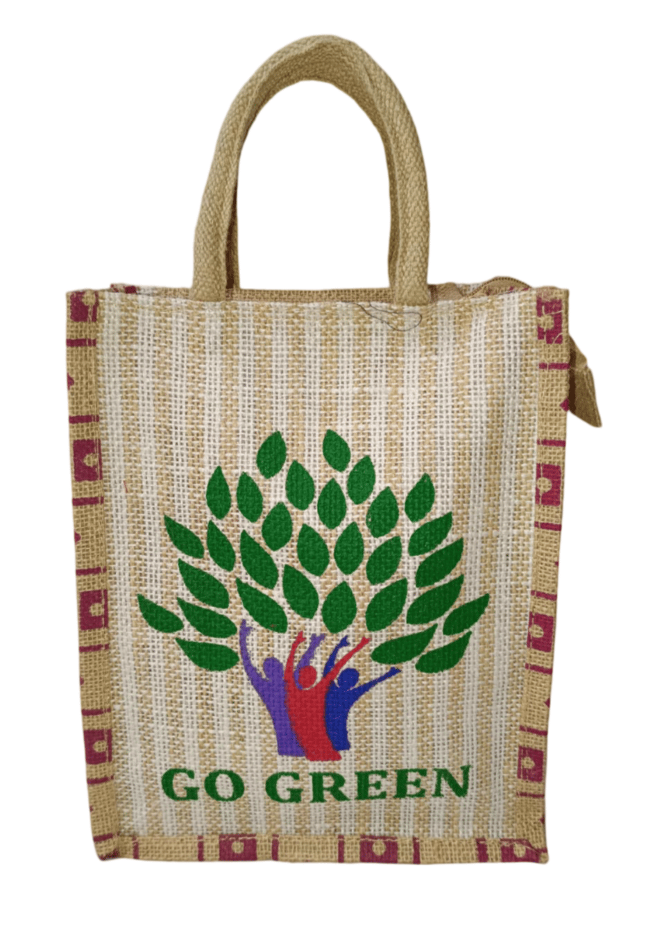 Eco-Friendly Jute Tote Bag with Tree Print Pink Colour (Small)