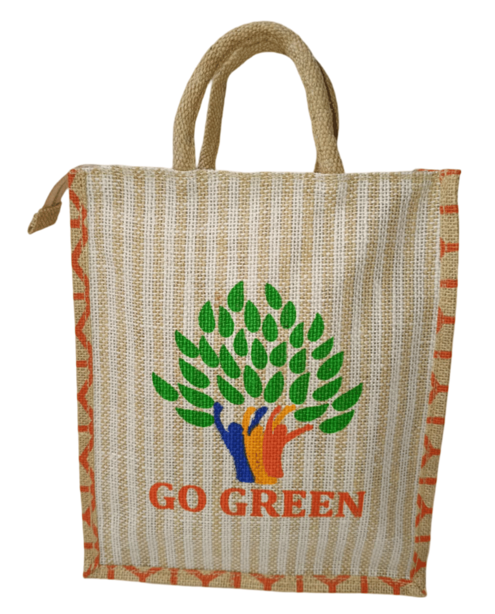Go Green Jute Bag with Zipper Closure and Handles Orange Colour (Medium)