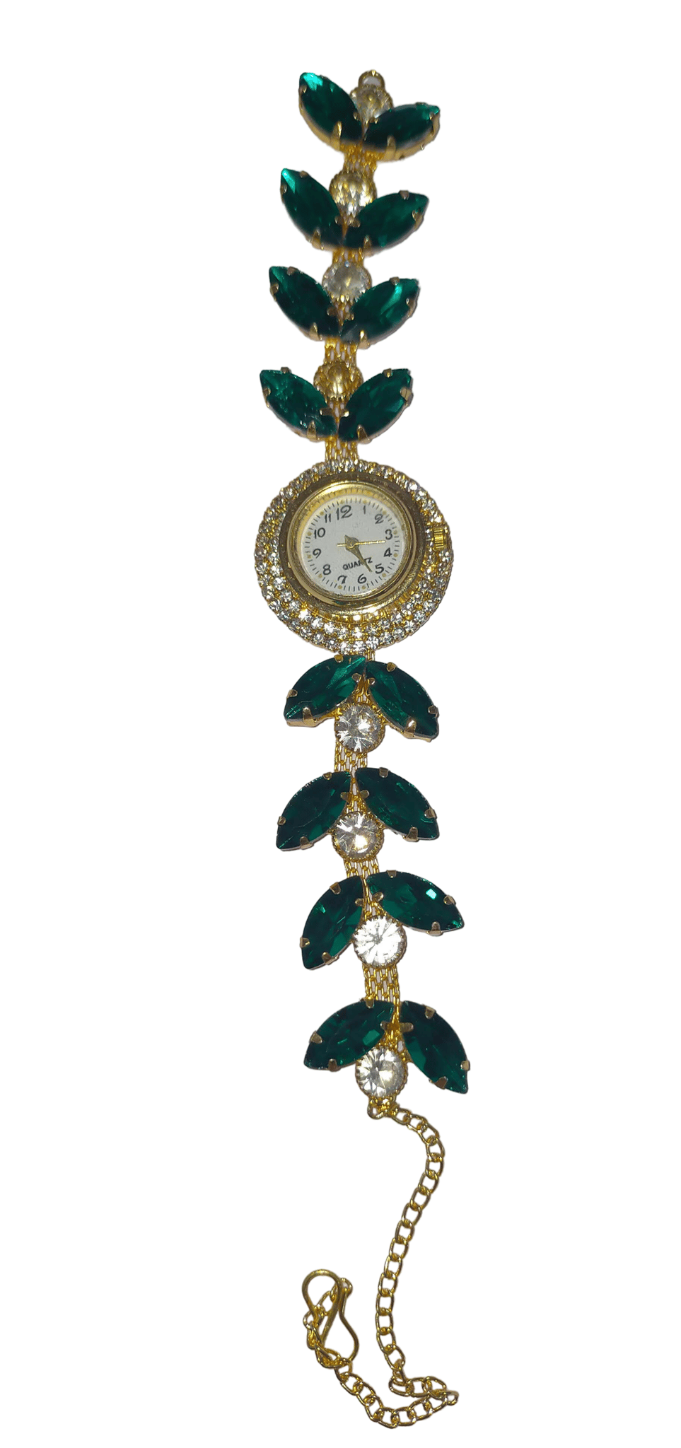 Women's Gold-Plated Watch with Green Crystal Leaves and Rhinestone Accents