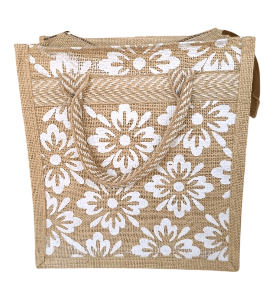 Handcrafted Jute Tote Bag with Floral Prints - Eco-Friendly and Reusable Shopping Bag