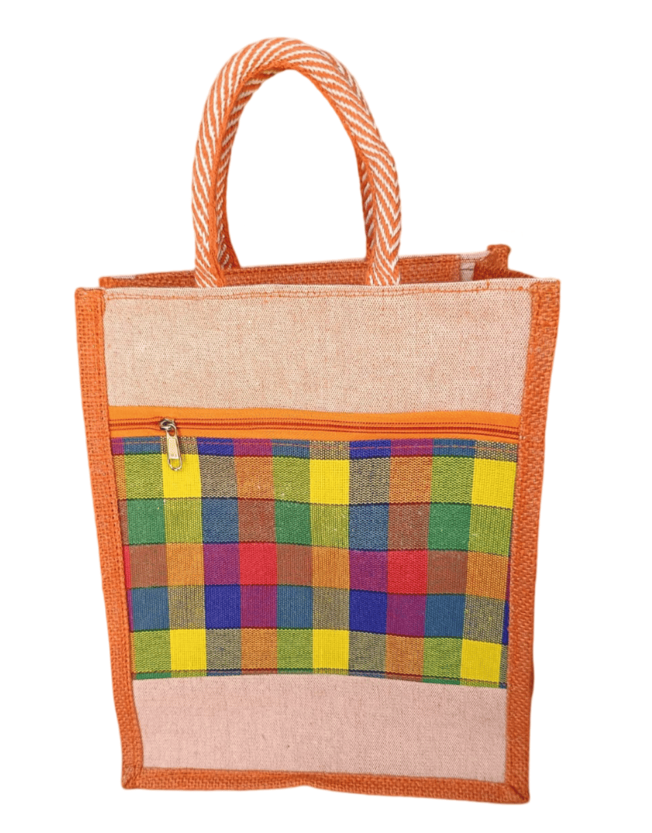 Colorful Checked Jute Tote Bag with Zippered Pocket