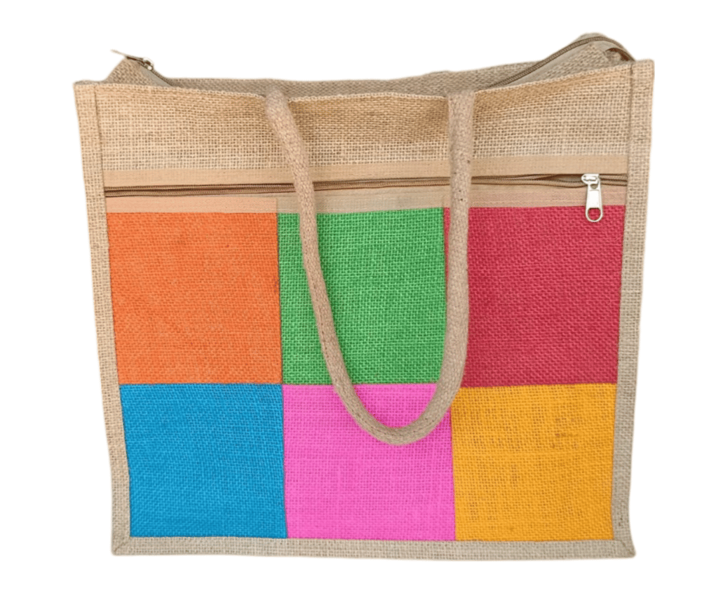 Jute Tote Bag with Colorful Patchwork Design