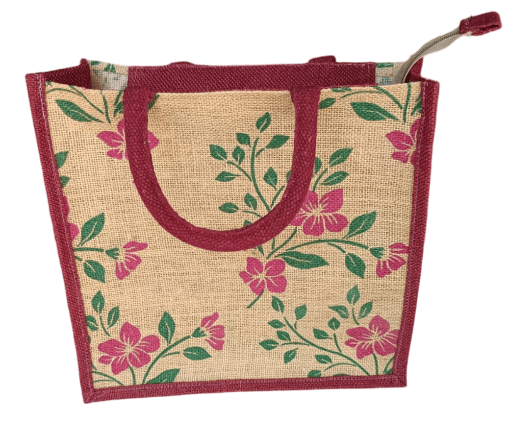 Maroon Jute Tote Bag with Floral Print