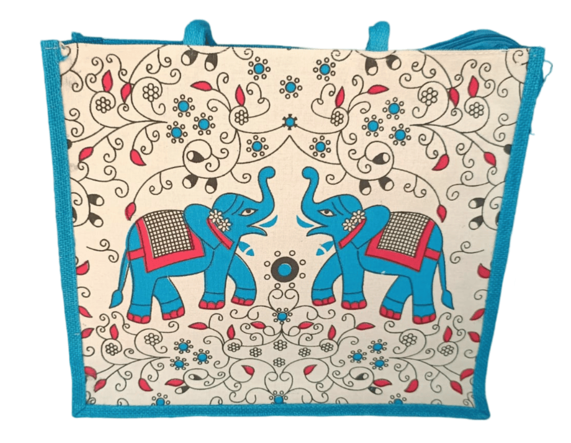 Blue Cotton Canvas Tote Bag with Colorful Elephant Print