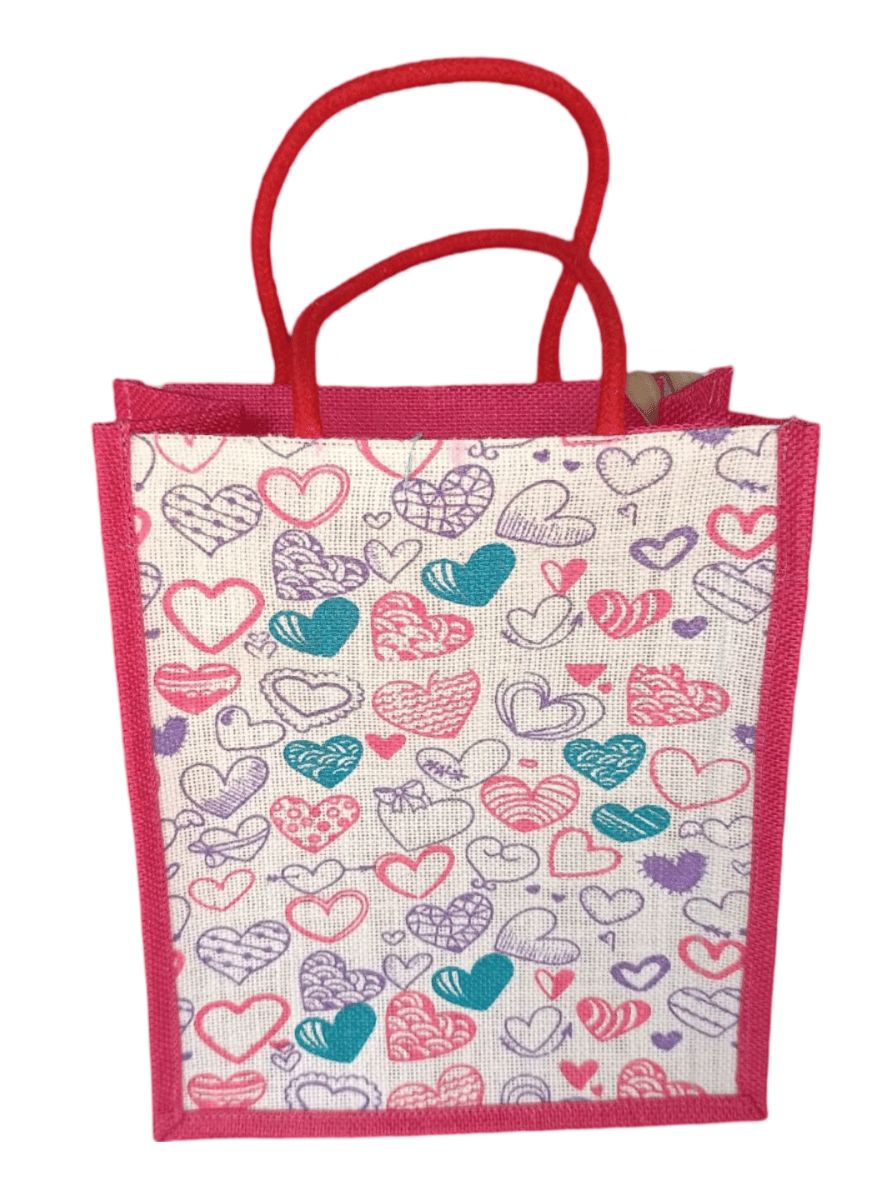 Small Pink Jute Tote Bag with Red Handles and Colorful Heart Print