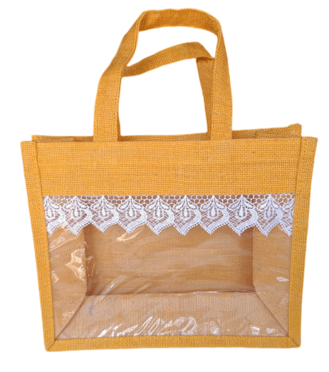 Yellow Burlap Tote Bag with Lace Trim