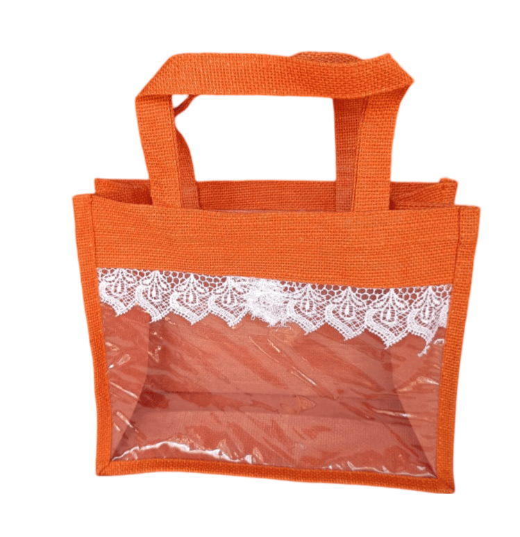Orange Burlap Tote Bag with Lace Trim