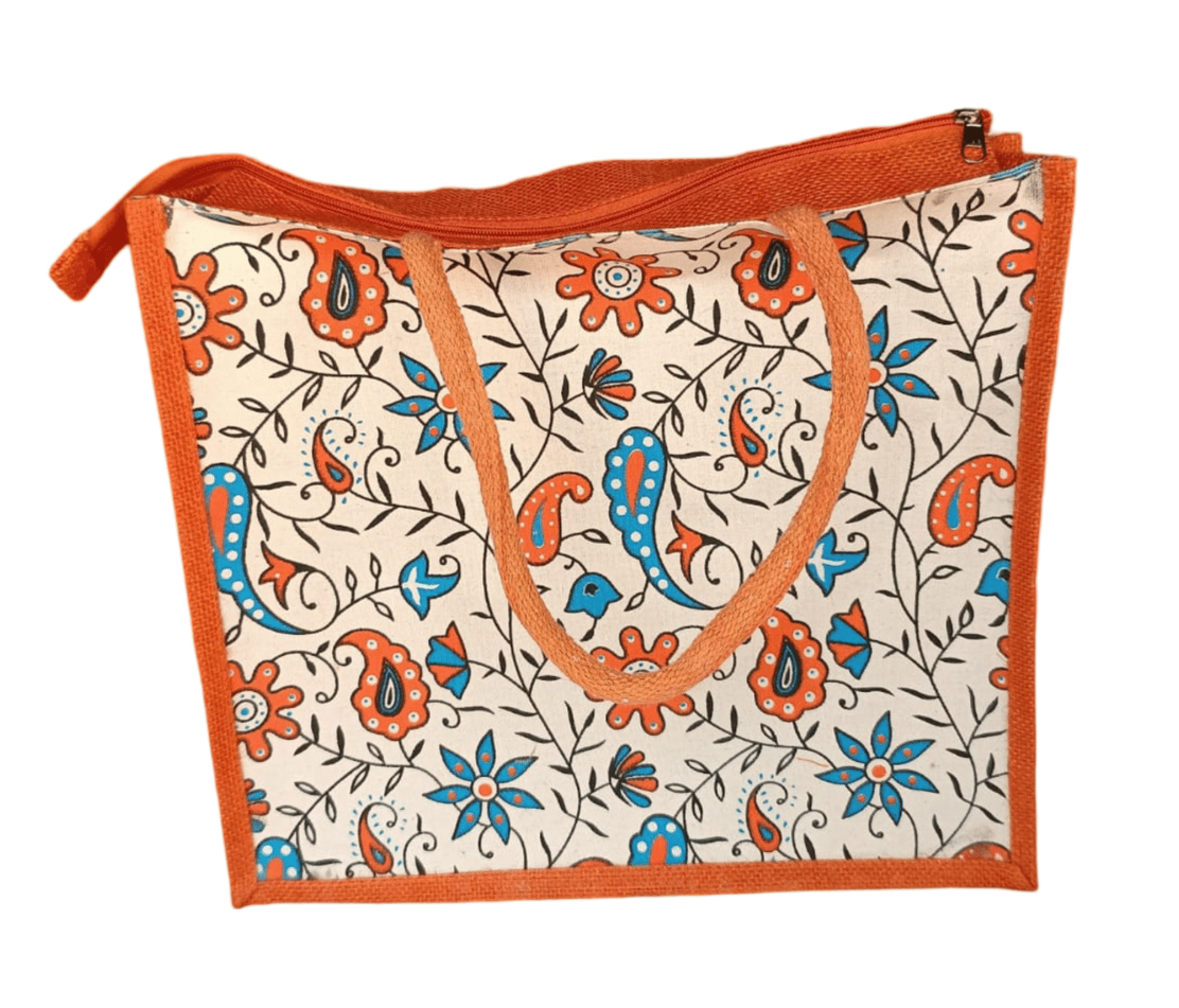 Jute Tote Bag with Zipper Closure and Orange Trim