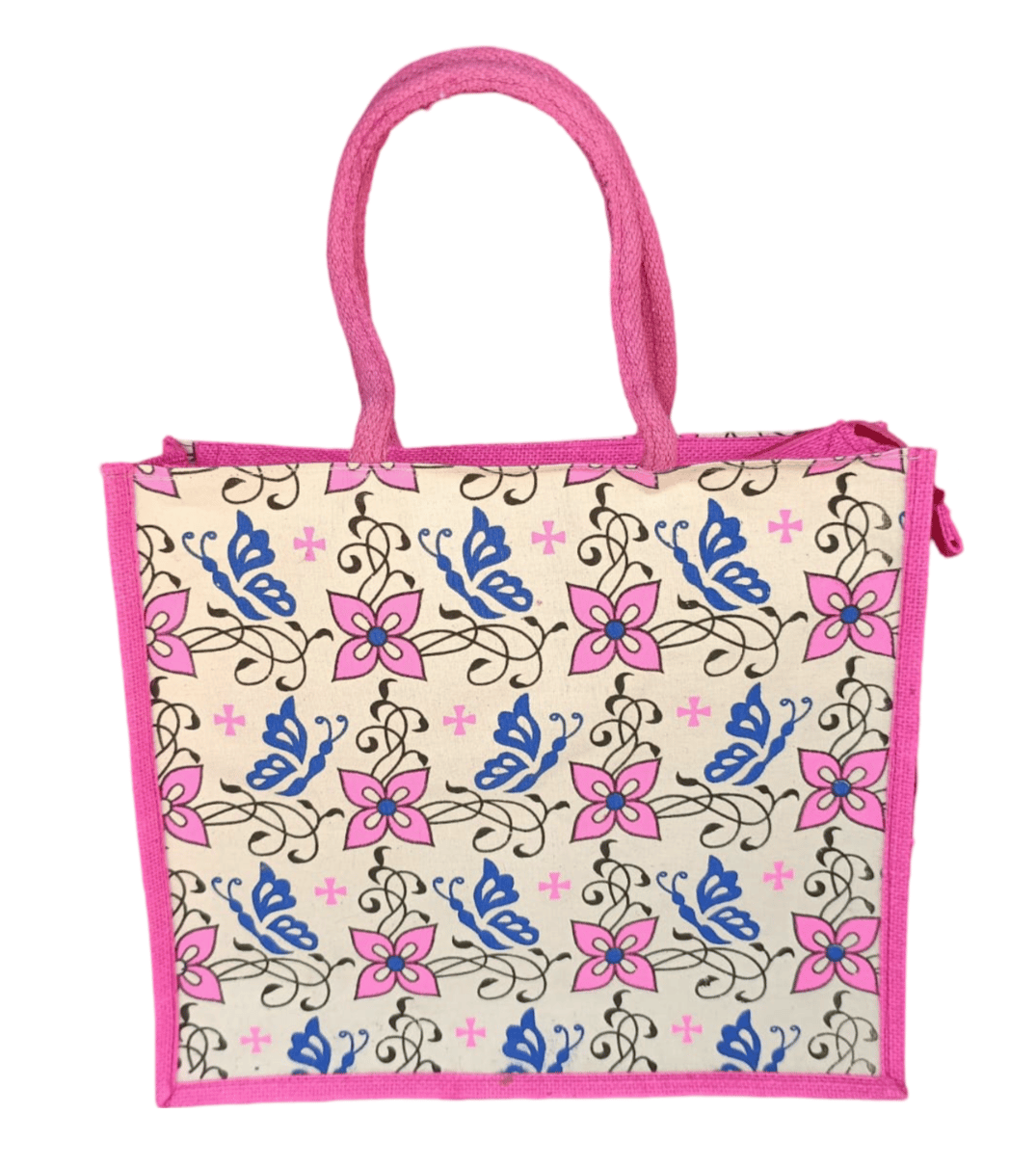 Pink Butterfly Jute Tote Bag