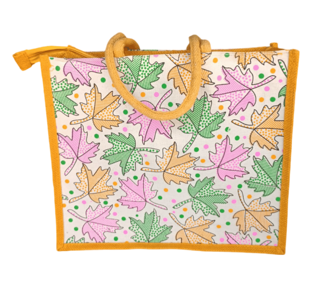 Jute Tote Bag with Colorful Maple Leaf Print