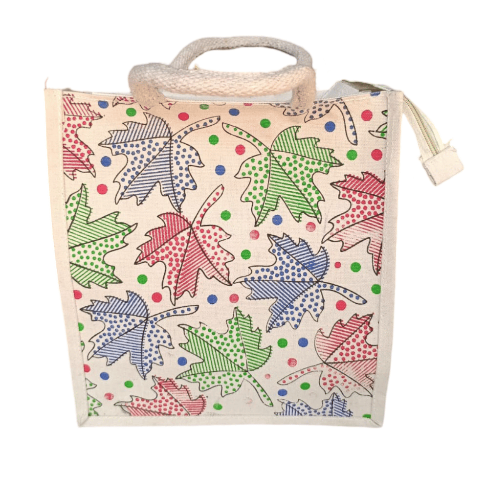 Jute Tote Bag with Colorful Leaf Print