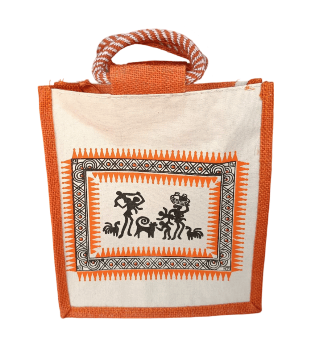 Handcrafted Orange Jute Tote Bag with Warli Painting