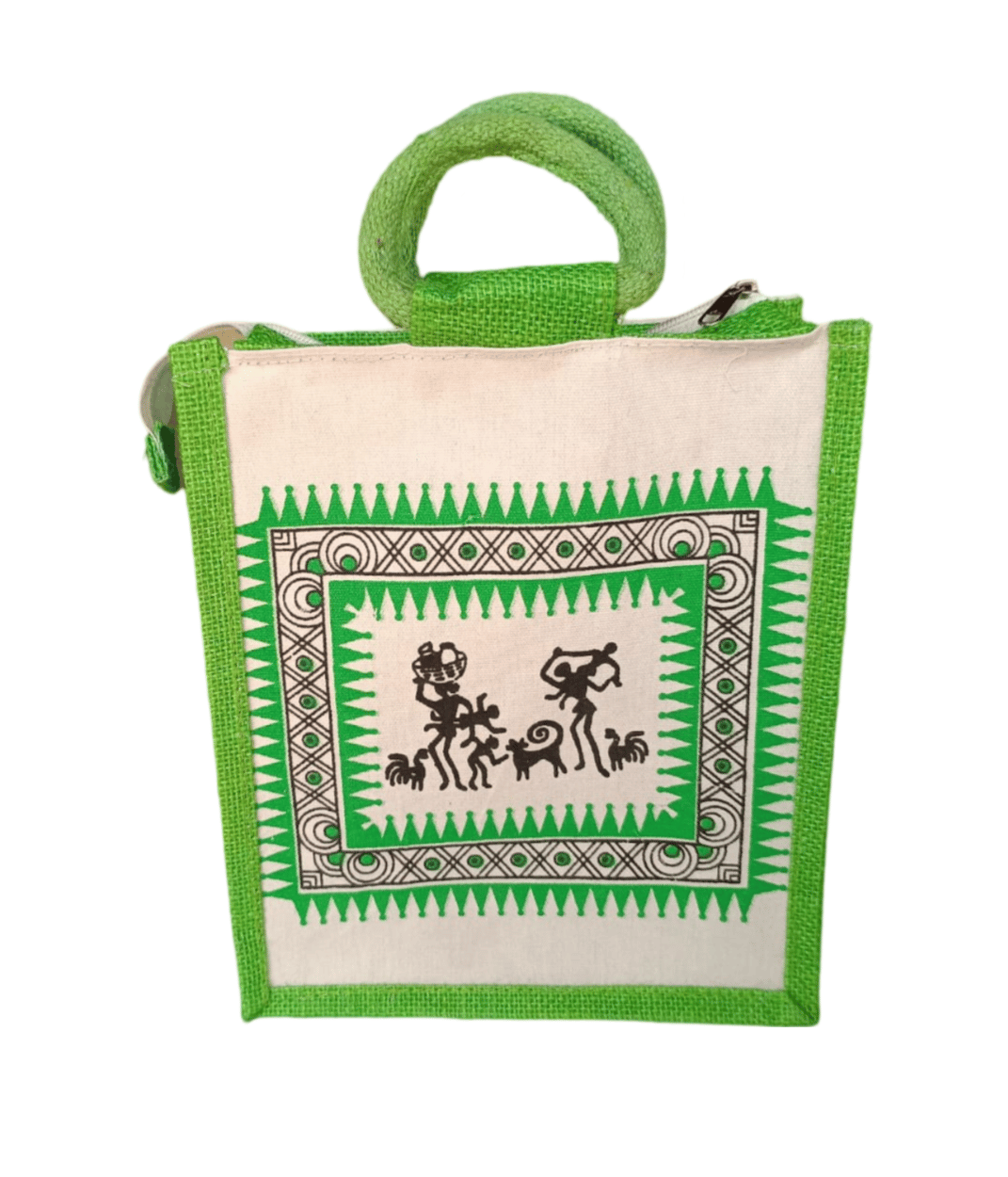 Handcrafted Green Jute Lunch Bag with Warli Painting