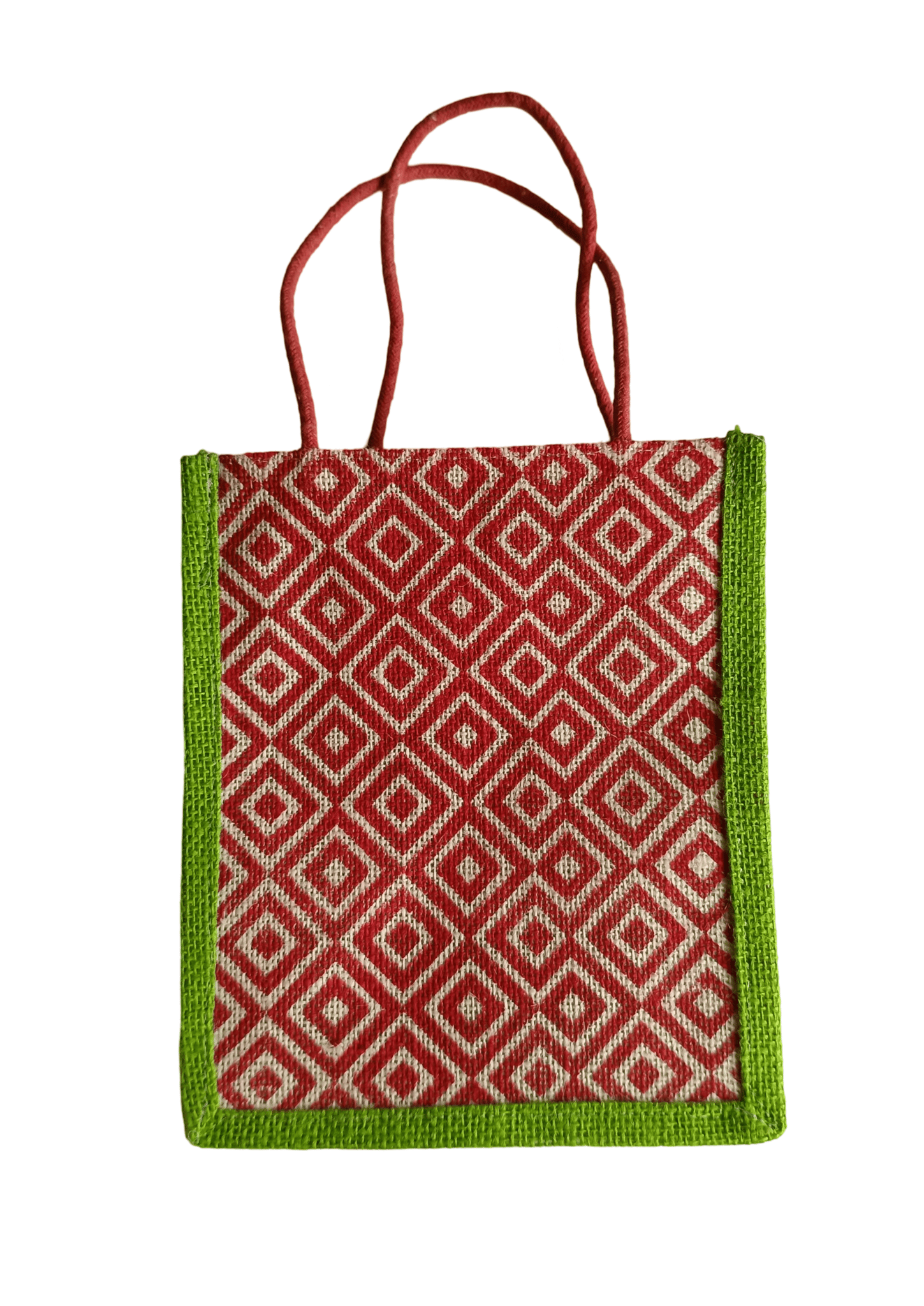 Red and White Geometric Print Jute Tote Bag with Green Trim (Small)