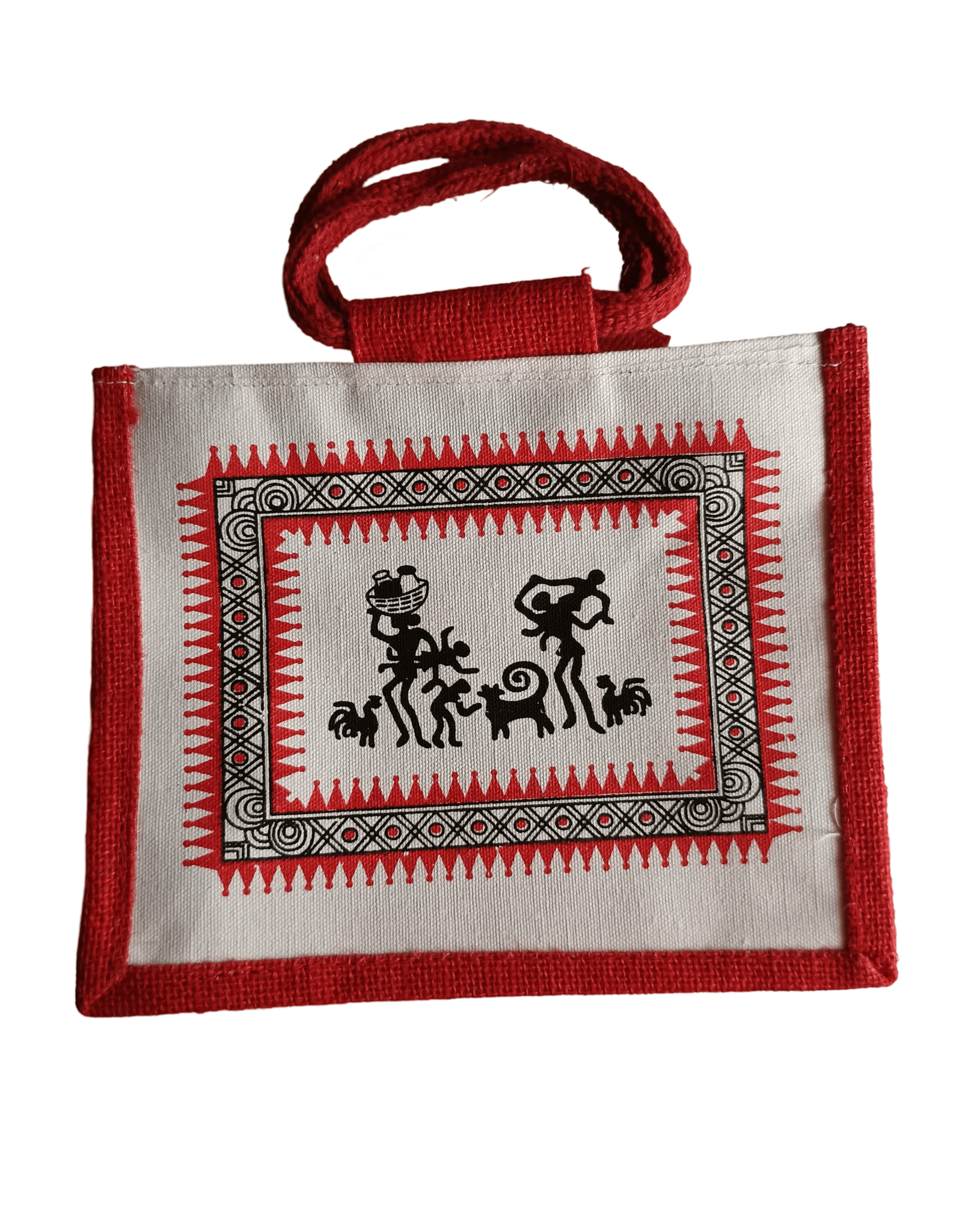 Handmade Red Jute Tote Bag with Warli Painting
