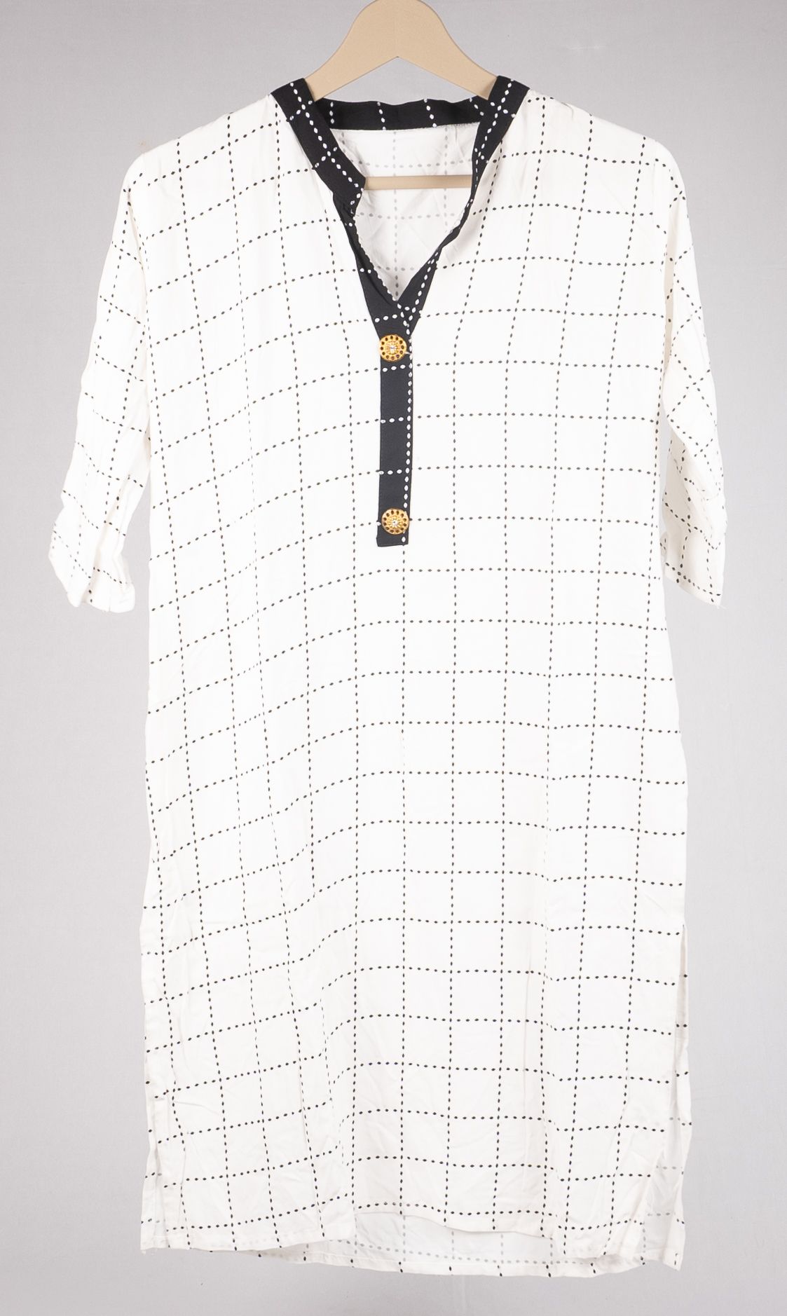 Women's White and Black Gingham Button Down Shirt Kurti Dress