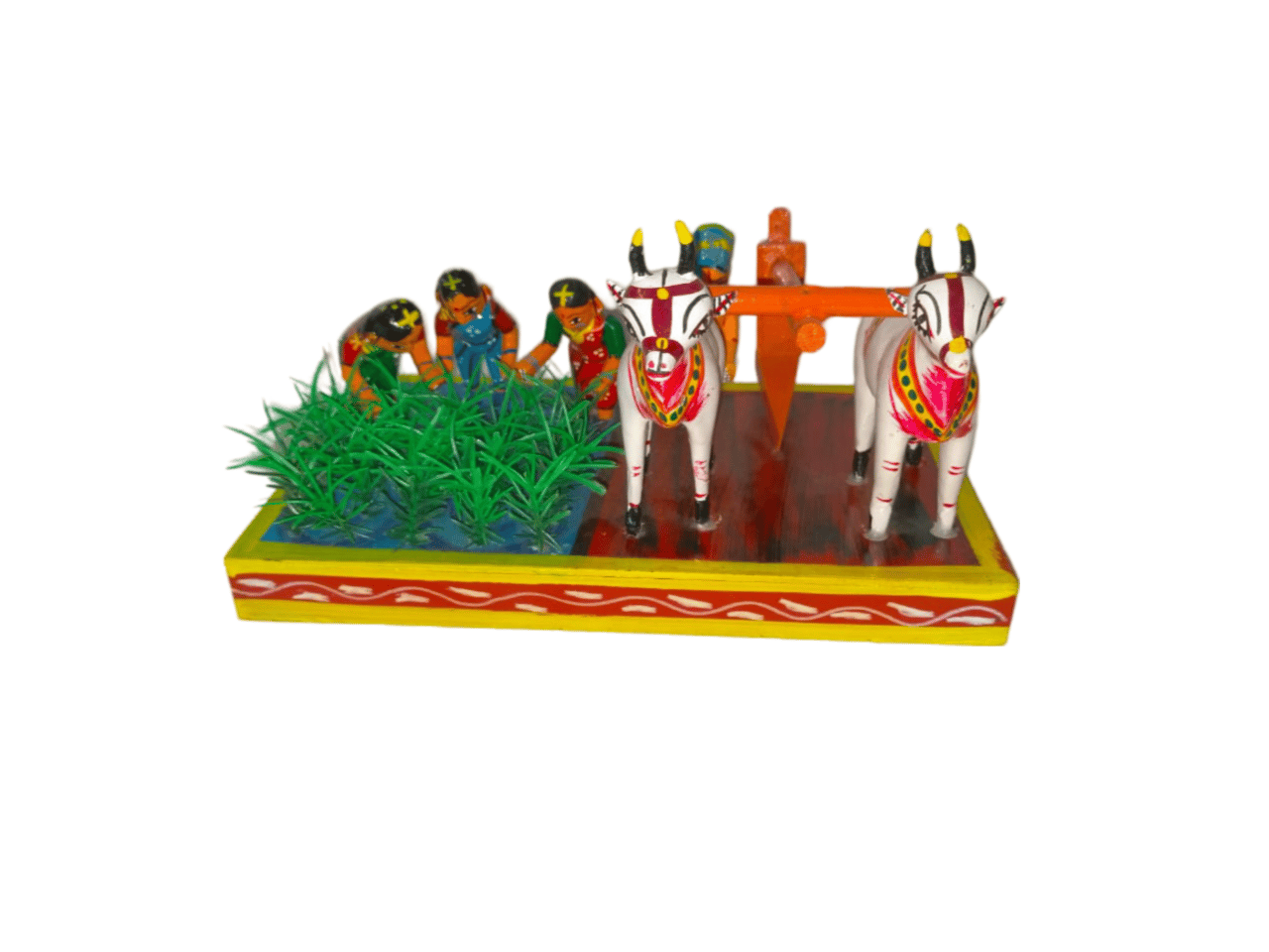 Wooden Figurine of a Farmer Plowing a Field with a Pair of Oxen, and Two Women Planting Crops