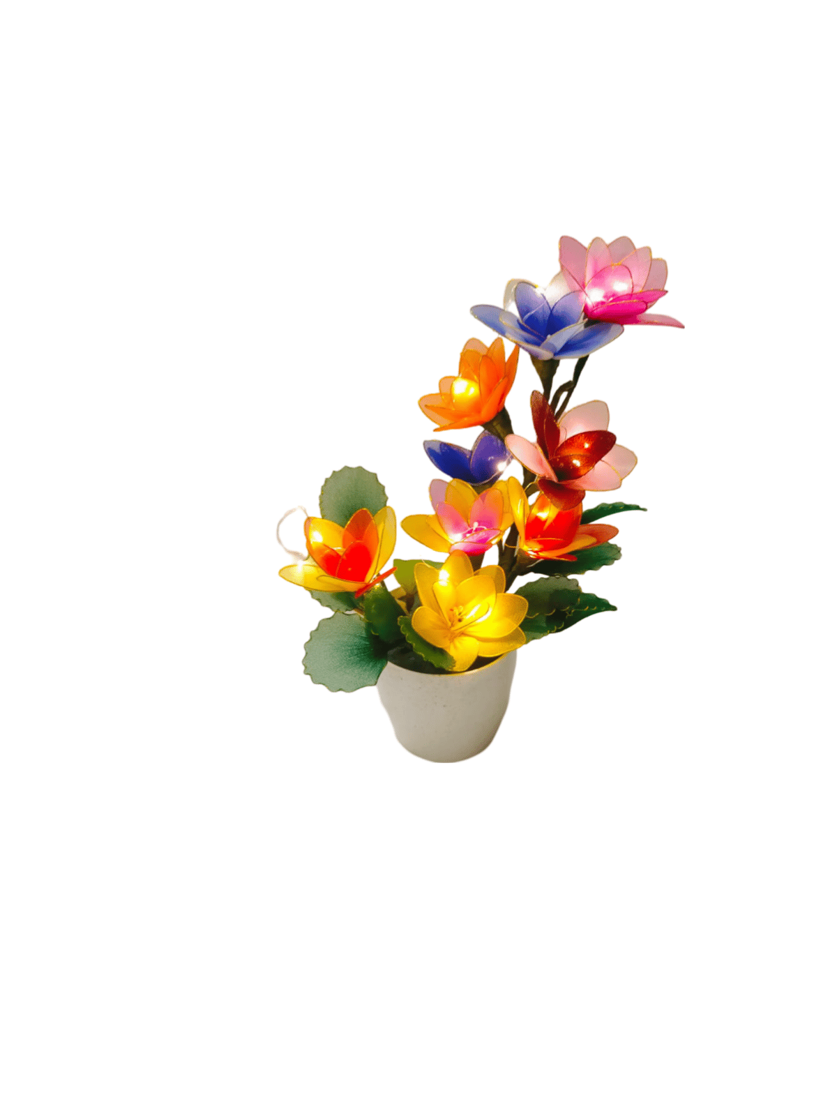 Handmade White Pot with Multicolor Flowers with Lights