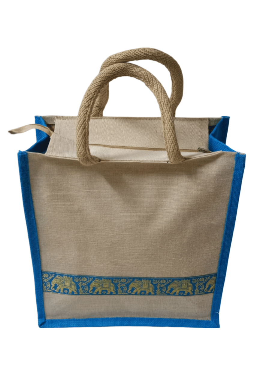 Ethnic Print Jute Bag with Zipper Closure