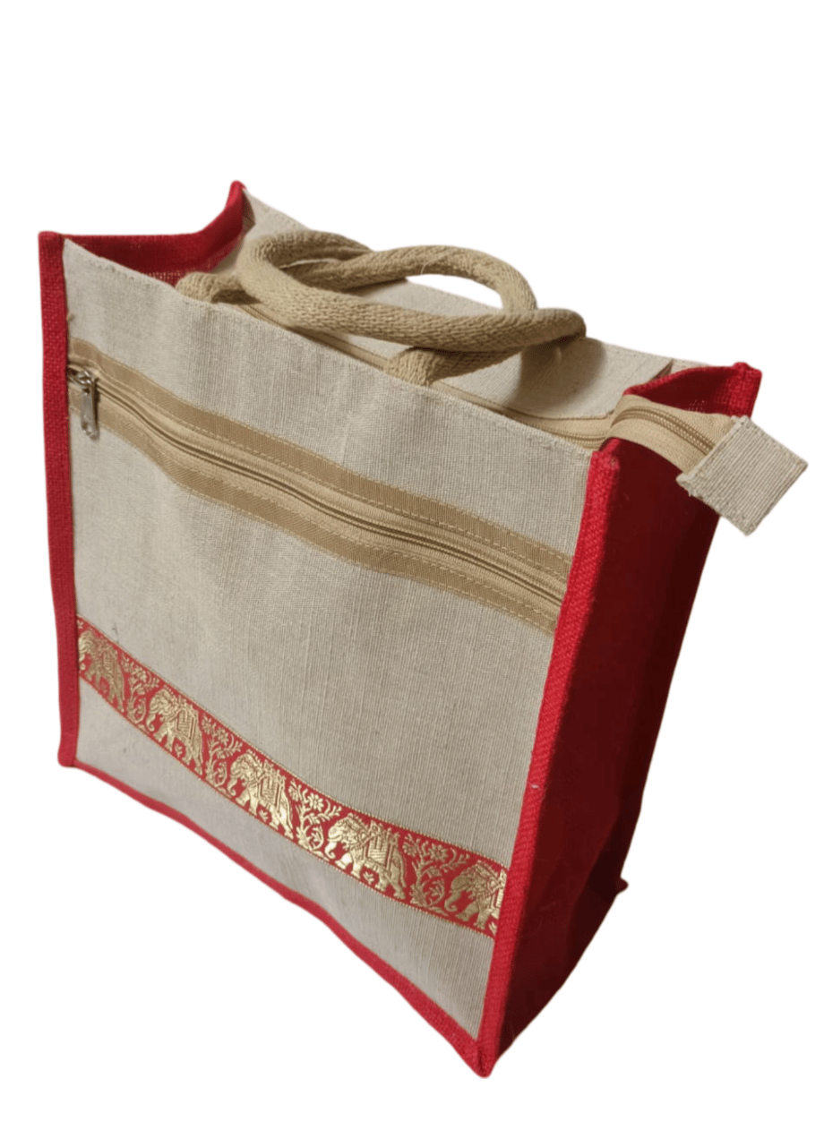 Jute Tote Bag - Red with Elephant Design