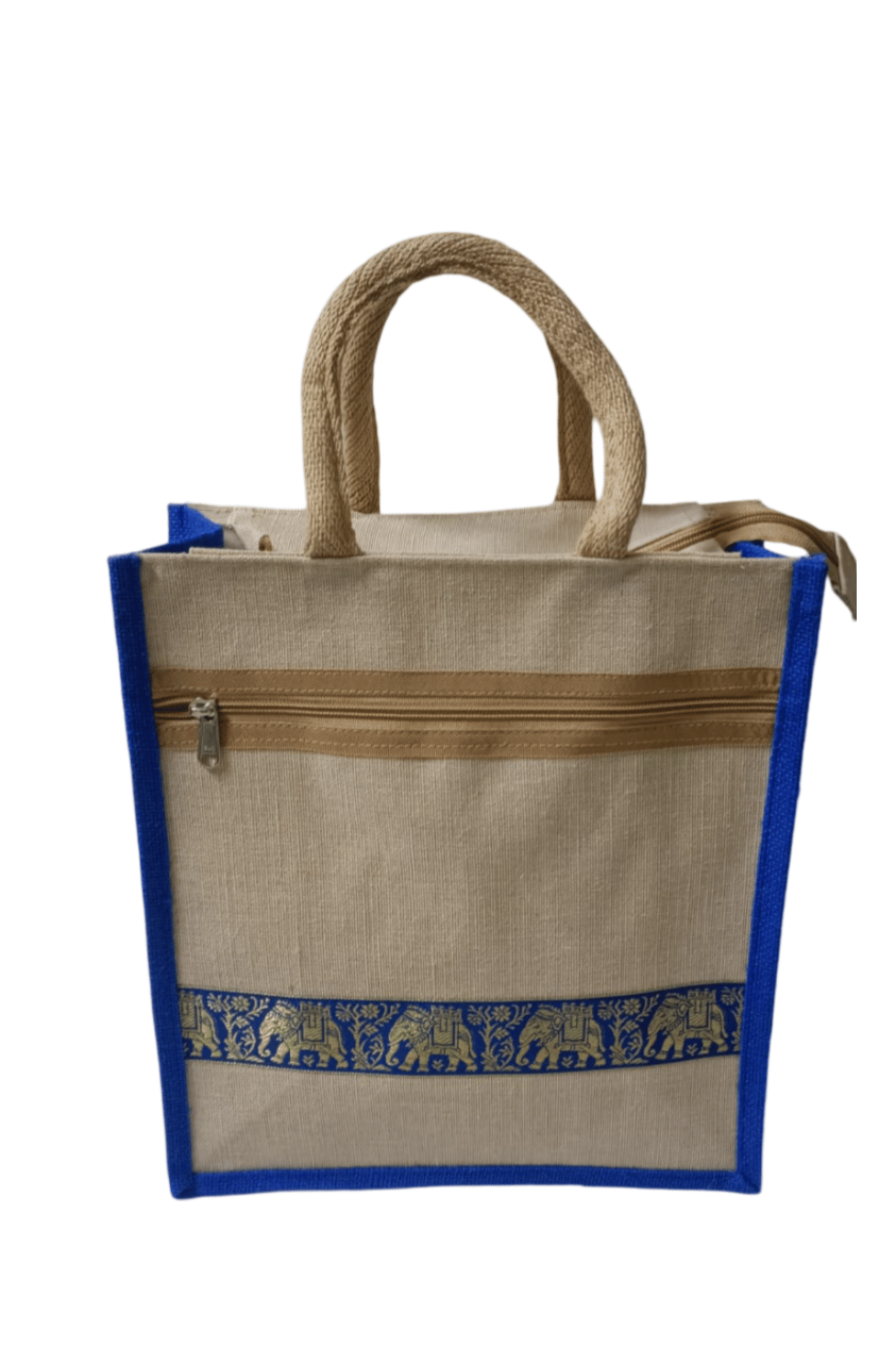 Jute Bag with Blue Trim and Elephant Print