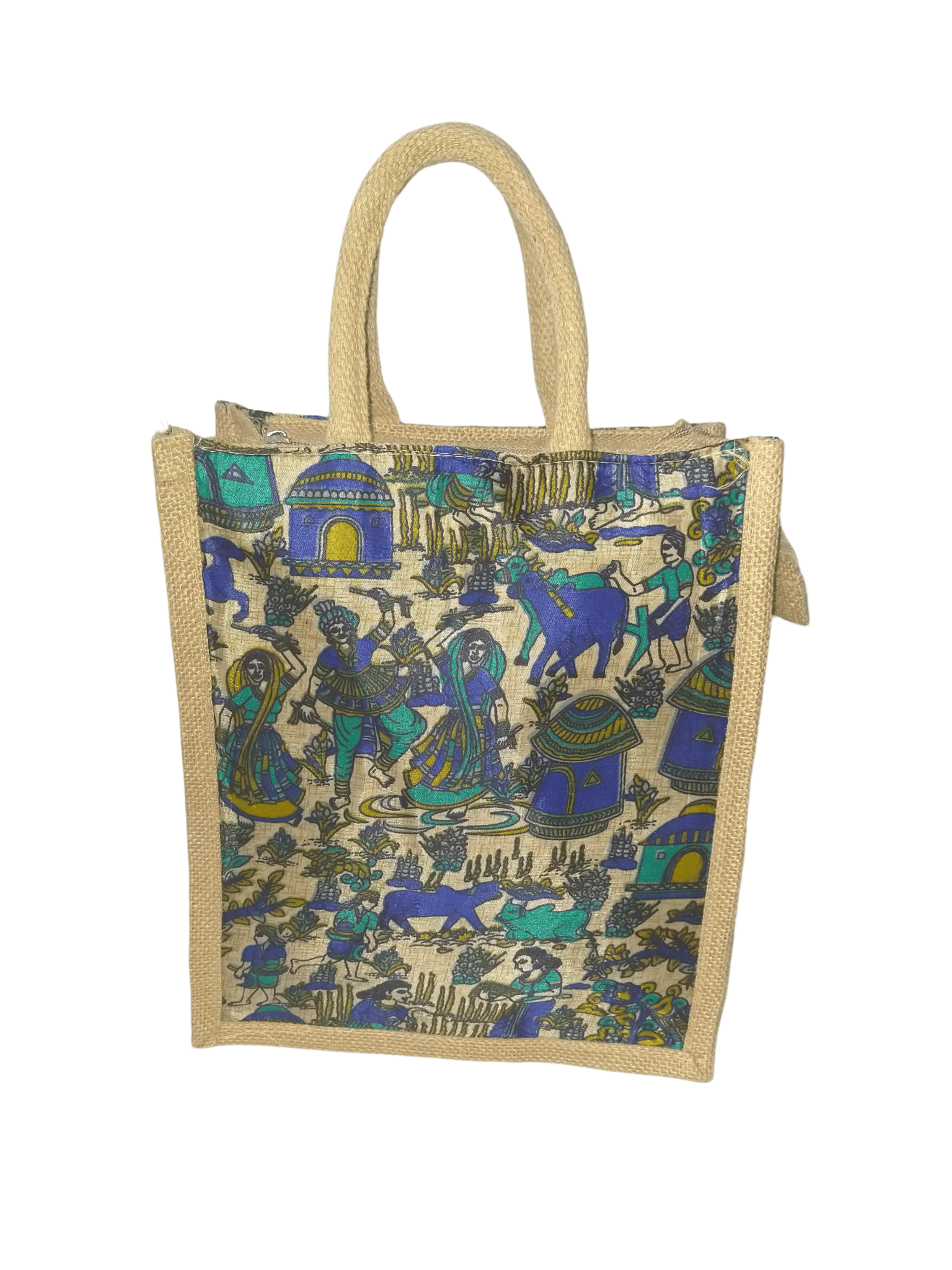 Handmade Jute Lunch Bag with Indian Village Scene