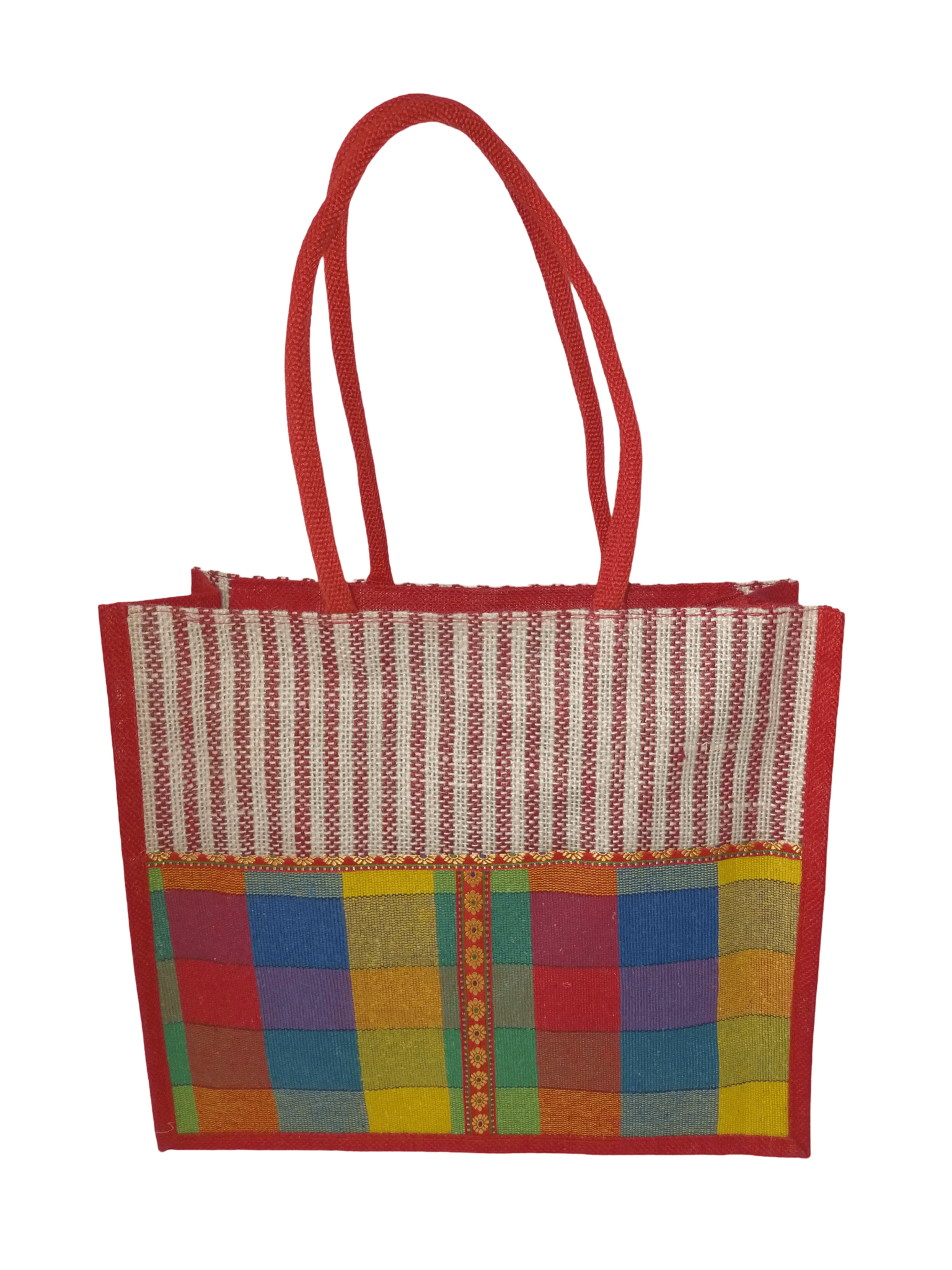 Red & Multicolor Jute Tote with Striped Patchwork