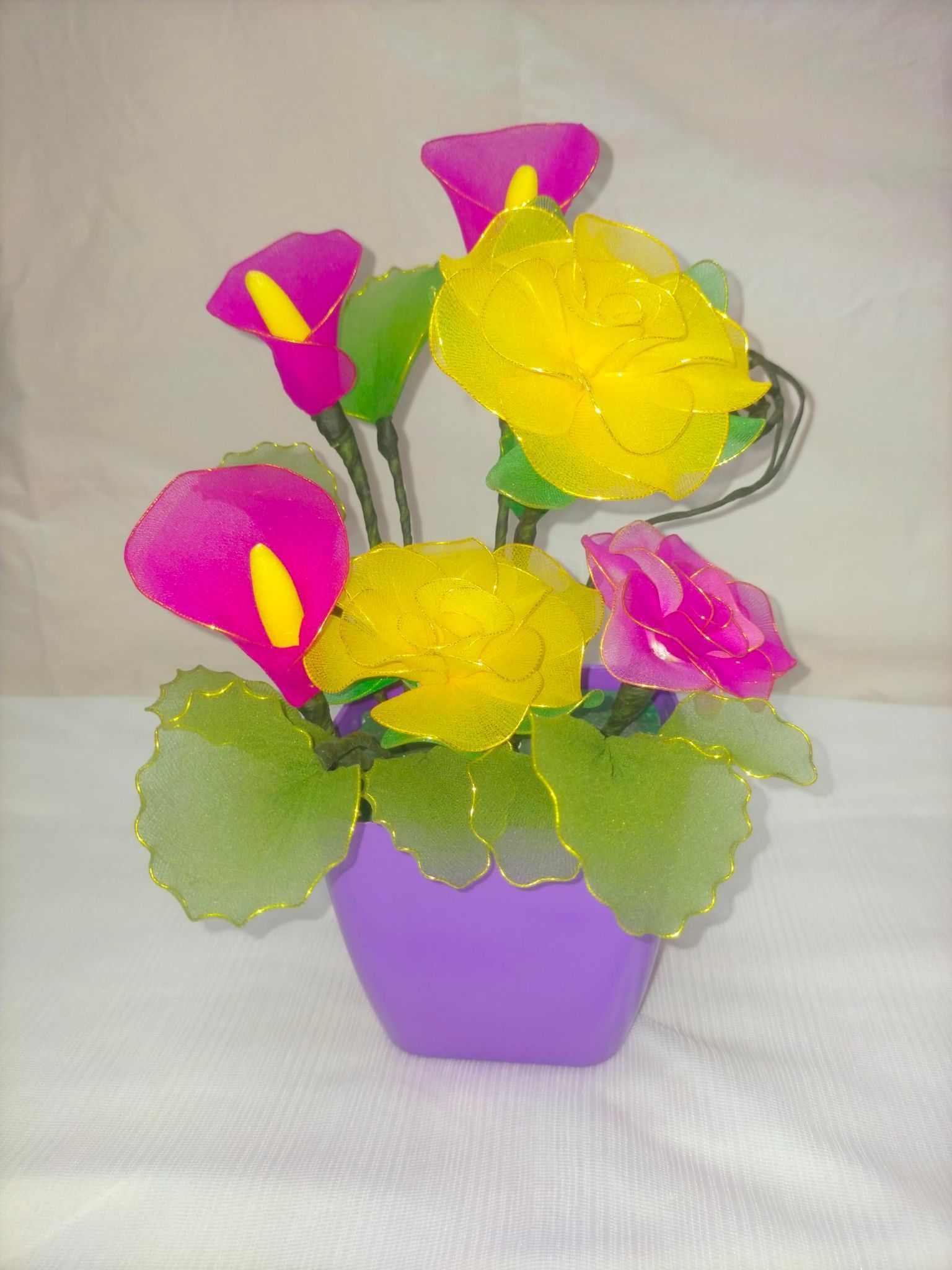 Pink & Yellow Nylon Stocking Flowers