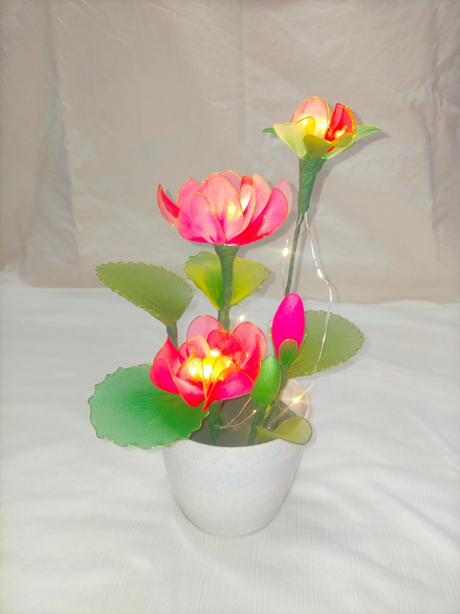 Nylon Multicolor Stocking Flowers (White Pot)