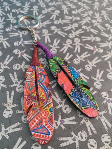 COLORFUL ARTWORK WOODEN KEY CHAIN- FEATHER SHAPED-2