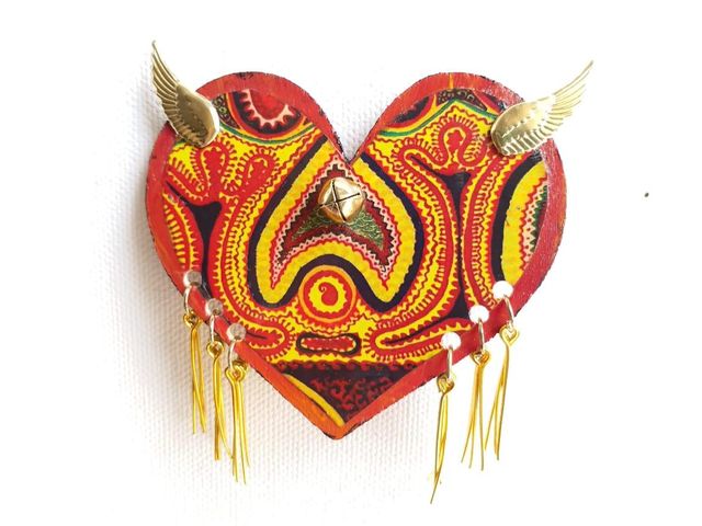 HANDCRAFTED WOODEN BROOCH- HEART WITH WINGS