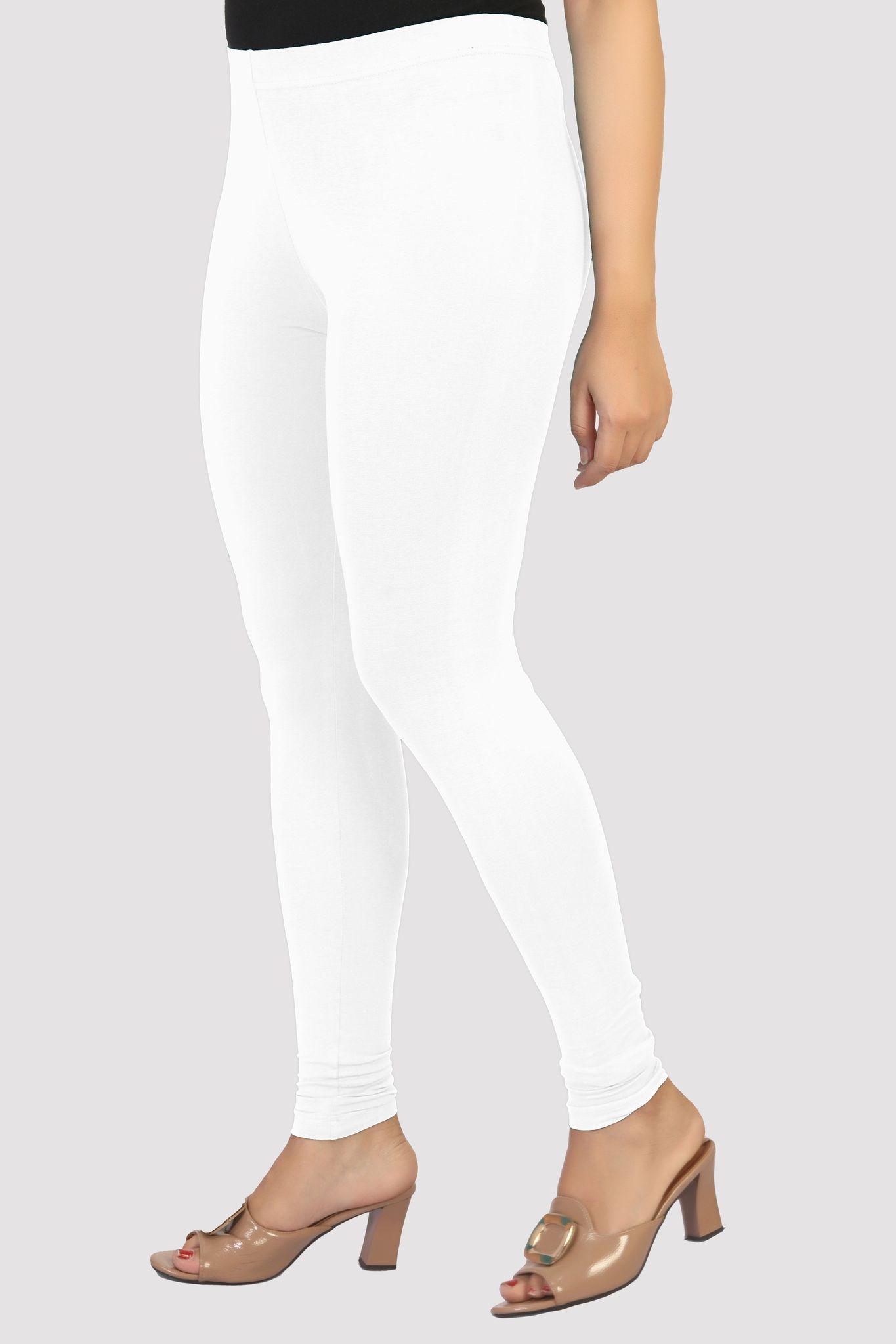 Women's White Cotton Lycra Ankle Length Leggings