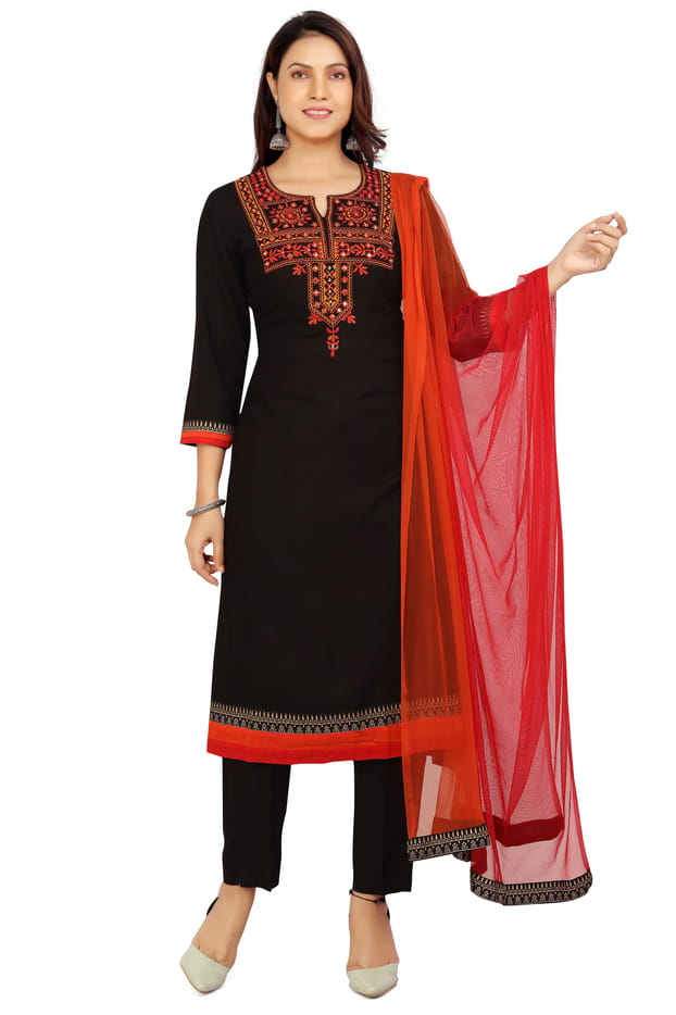 Women's Darpana Black Rayon Embroidery Straight Suit Sets